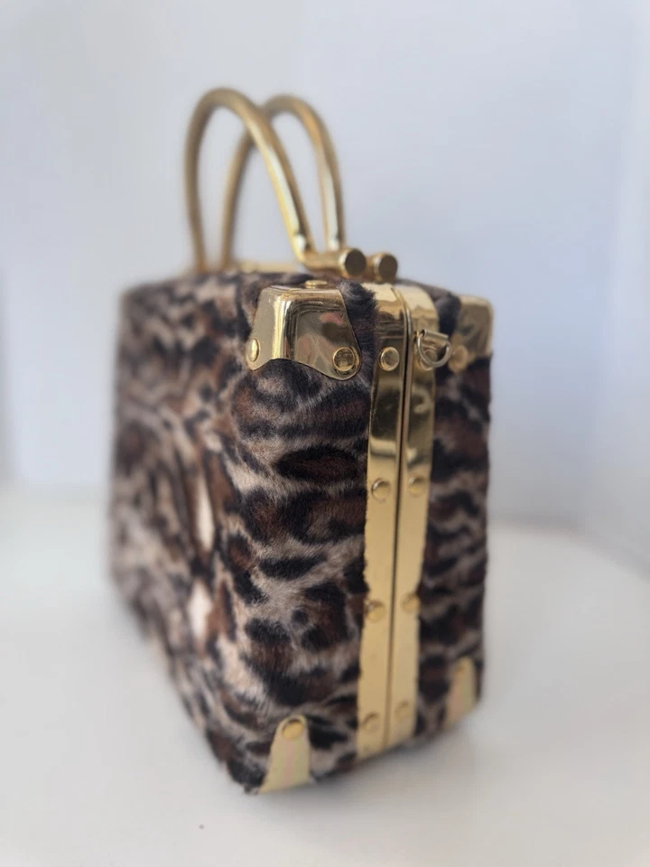 Vintage Leopard Animal Print Faux Fur Gold Accent Handles Box Purse - Image 3 of 4