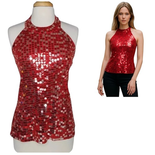 Neckholder Style Top Rot & Silber Einfarbig Pailletten Gefüttert Erwachsene M Tanzkostüm Neu - Bild 3 von 10