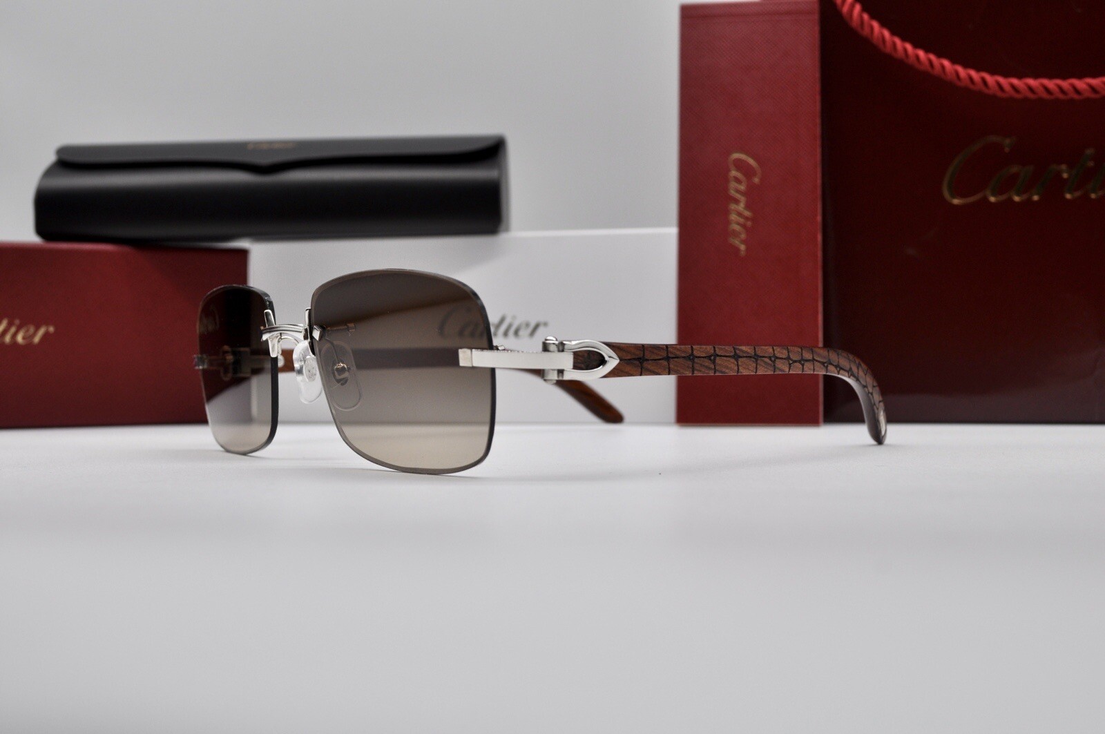 Cartier Decor C Wood Rimless Frame Sunglasses Glasses Gem