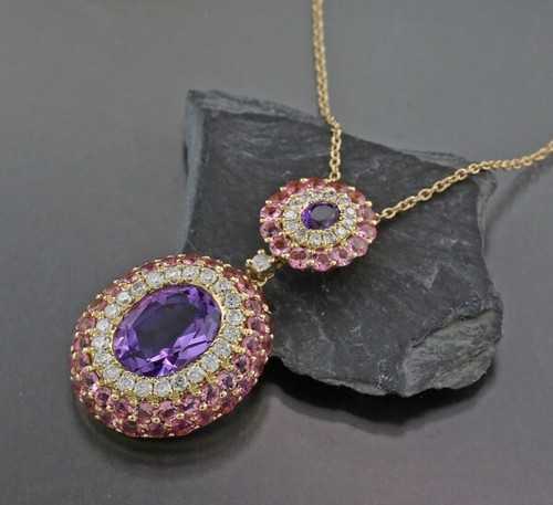 Collar Amatista Rosados Turmalina Brillantes 4,00CT 750er Oro Amarillo Valor - Imagen 4 de 5
