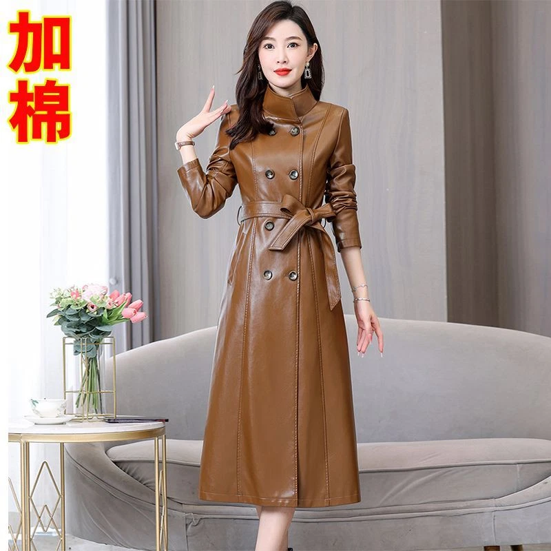 Women's Long Leather Windbreaker Autumn Leather Outer Jacket Cover