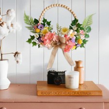16 Inch Artificial Spring Wooden Bead Wreath with Flower Bow Summer Hydrangea