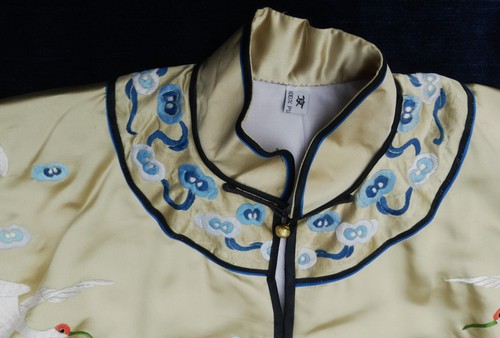 Vintage 60's Chinese hand embroidery 25 cranea w fortune clouds pattern brass bu - Picture 10 of 15