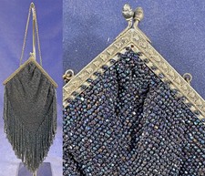 Vintage Art Deco Lrg Blue Beaded Fringe Diamond Shape Silver Frame Flapper Purse