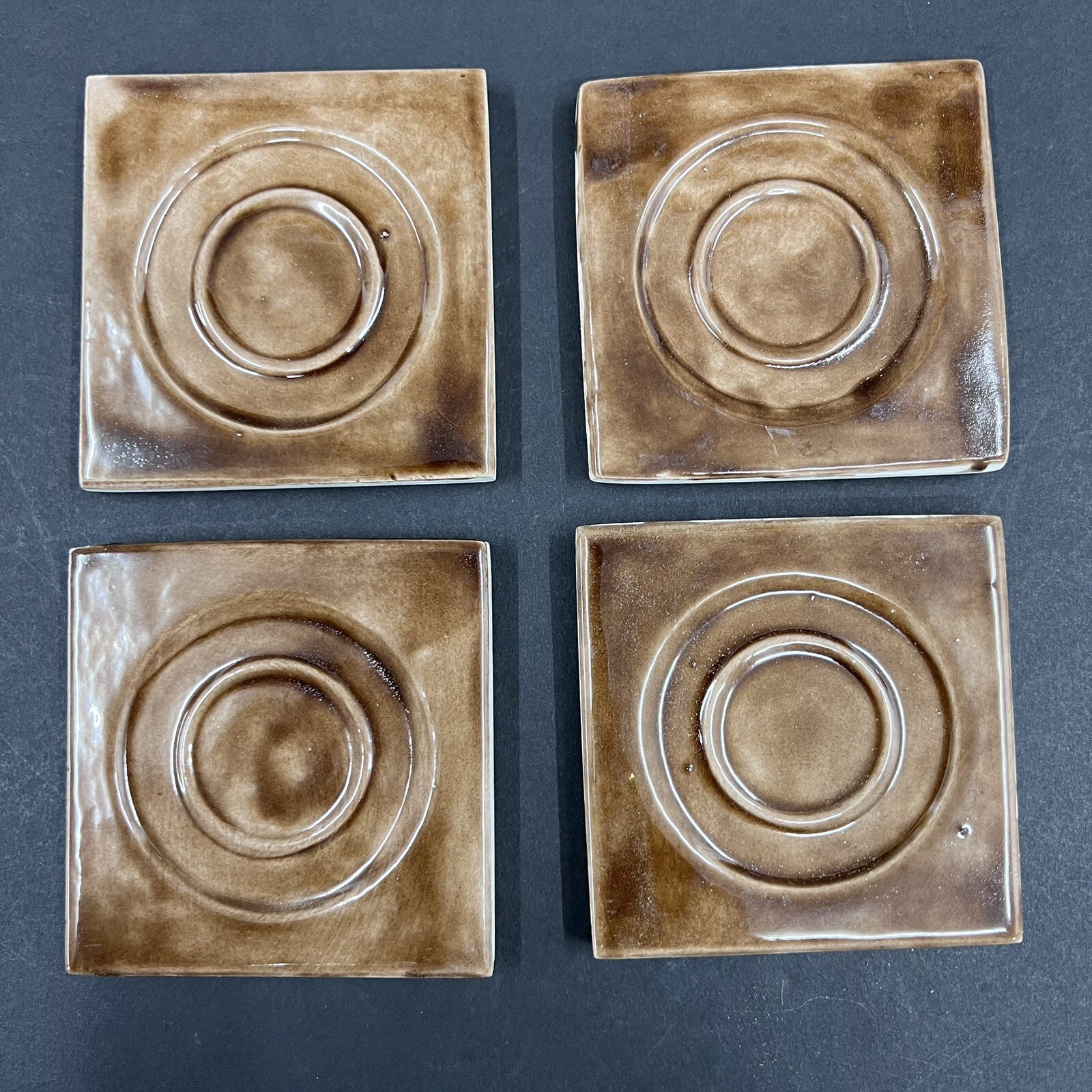 Vintage Brown Ceramic Tile 2 7/8” Square 3/8” Thick Recessed Circles Set Of 4
