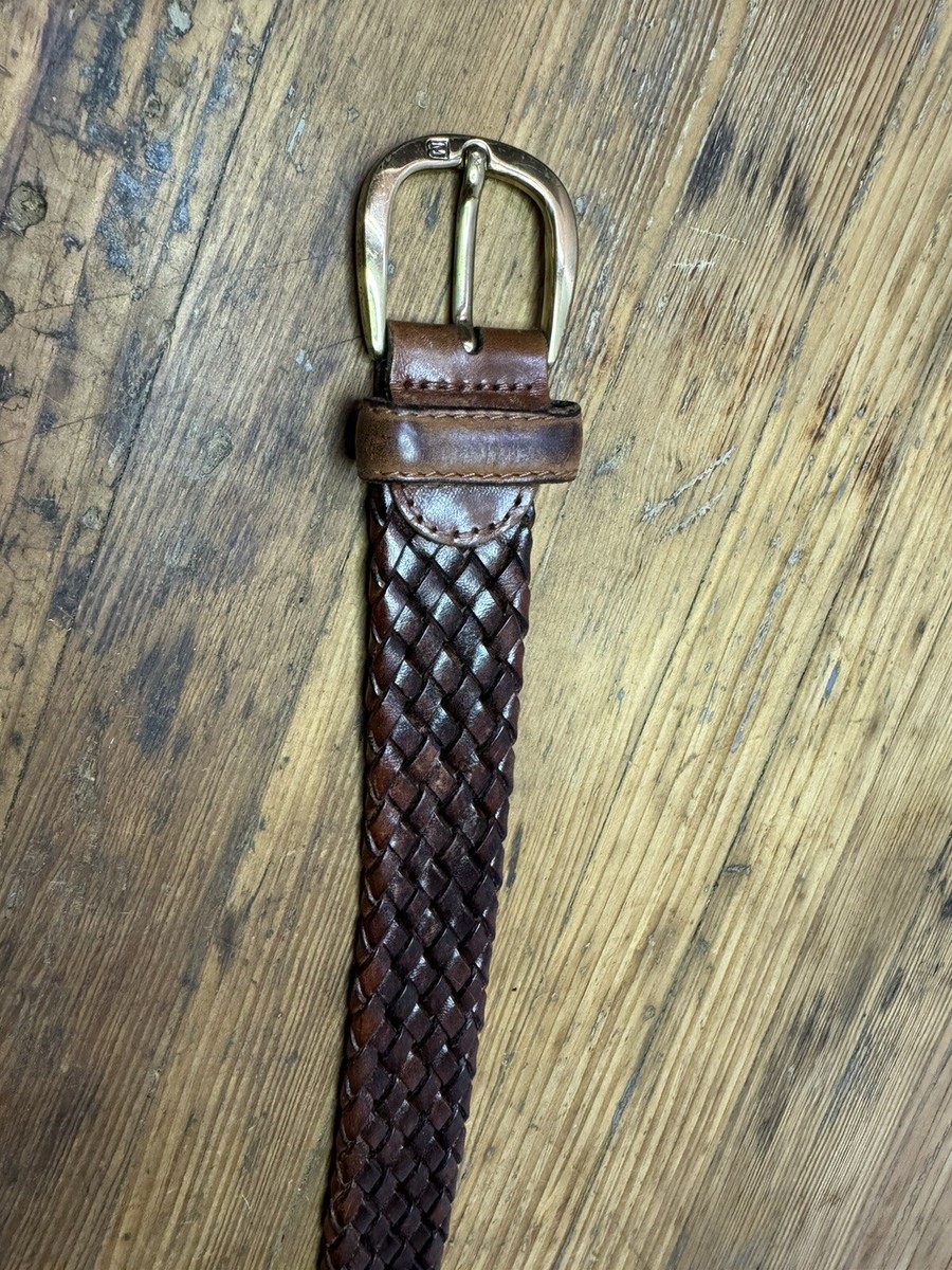 VINTAGE Sz 36 - 38 Woven Brown Leather Gold Brass Buckle  display picture 1