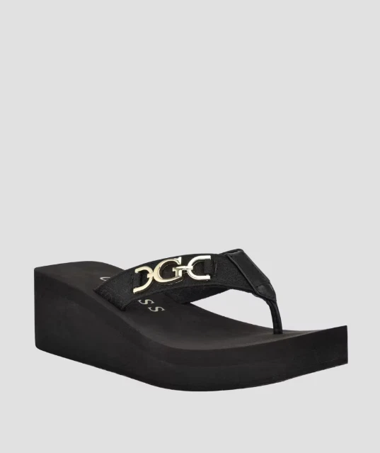 NEW WOMEN'S GUESS BLACK EDANY FLIP FLPS GOLD LOGO DENIM SANDALS WEDGE 8, 9, 10