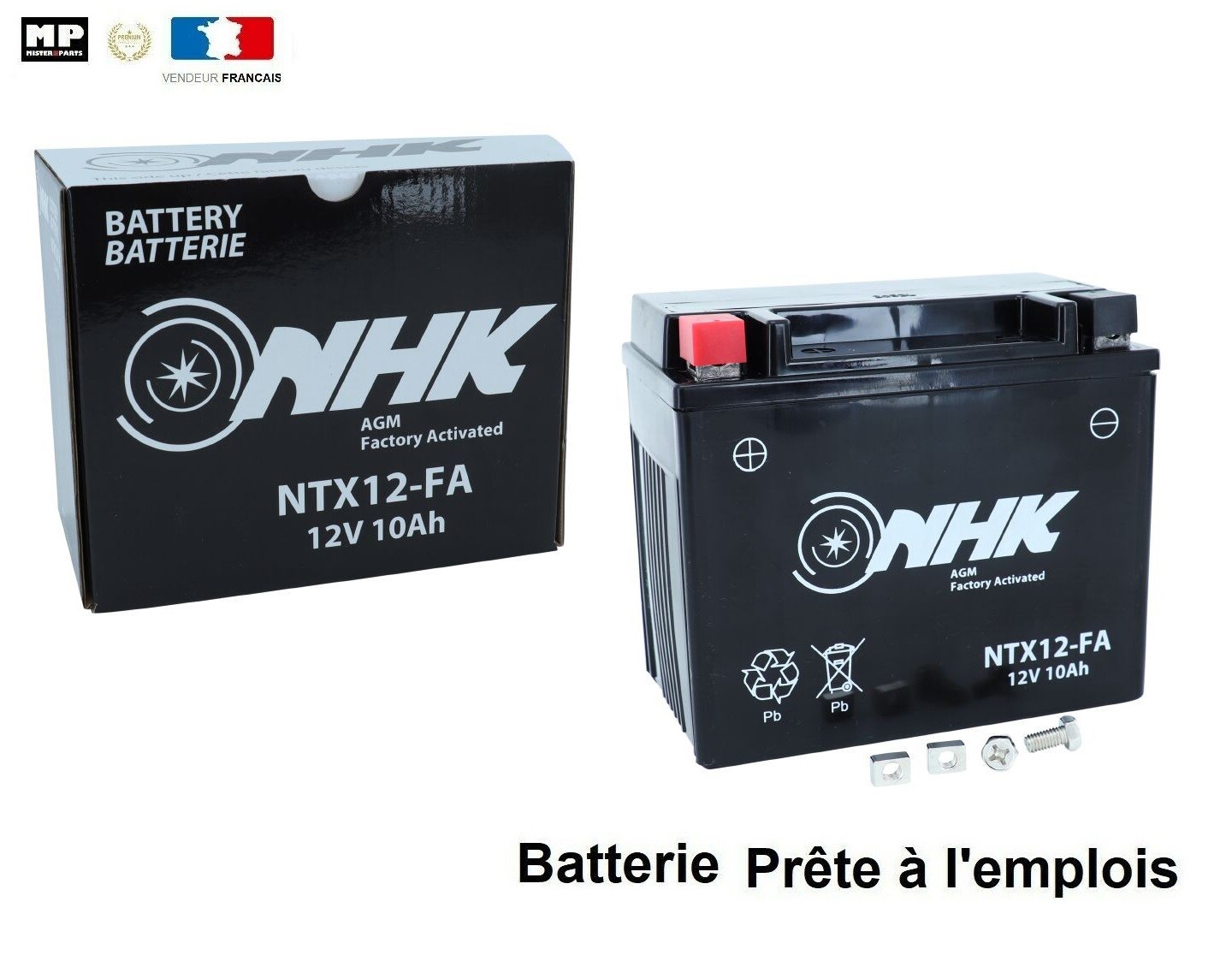 Batterie moto scooter YTX12-BS / NTX12 FA 12V 10AH prête à l'emploi