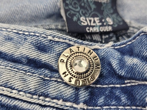 Platinum Plush Motorcycle & Wings Rhinestone Denim Boot Cut Blue Jeans Women's 9 - Picture 6 of 10