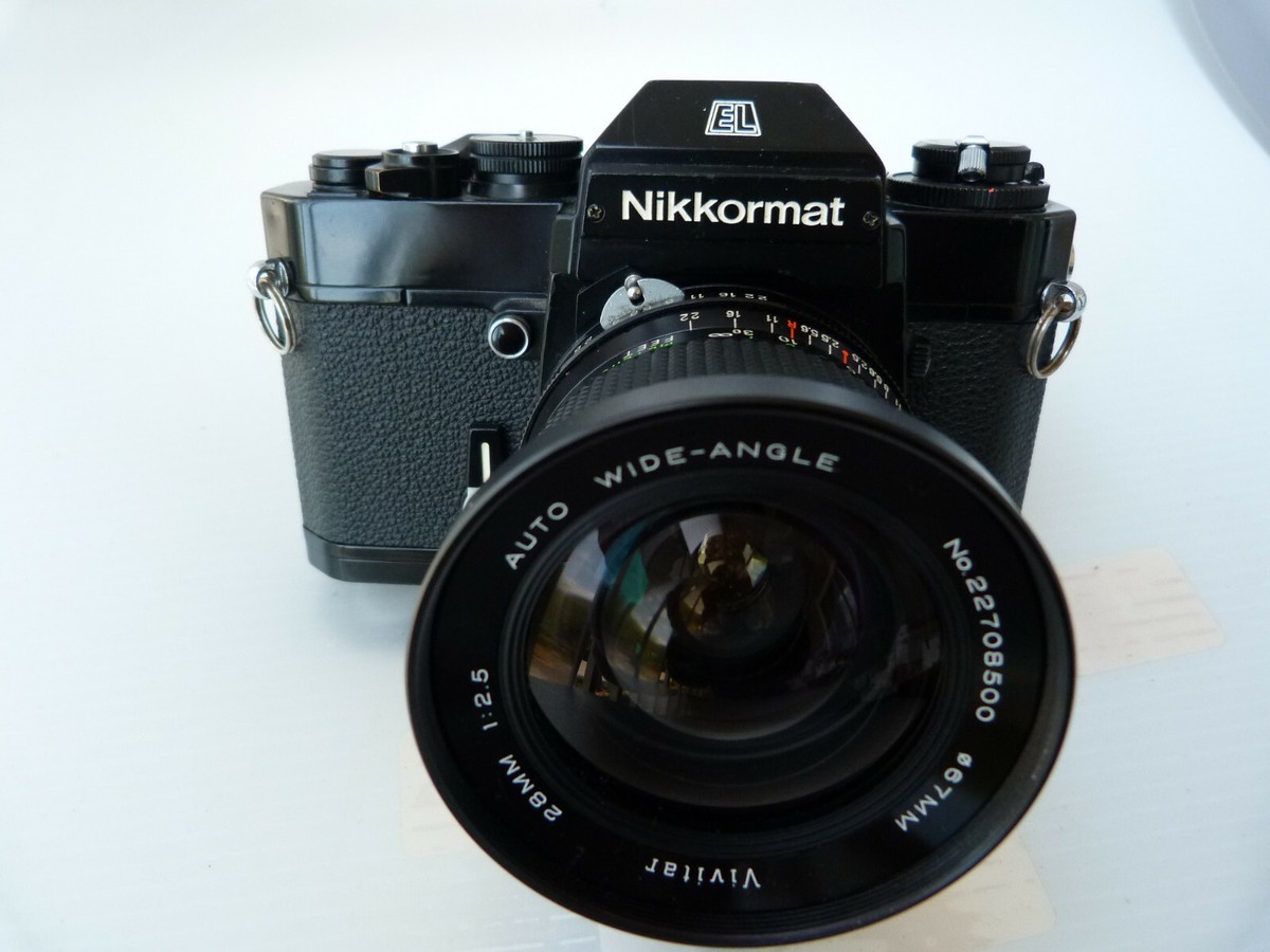 VINTAGE 1976 Nikkormat EL Camera Black, VIVITAR Auto Wide 28/2.5