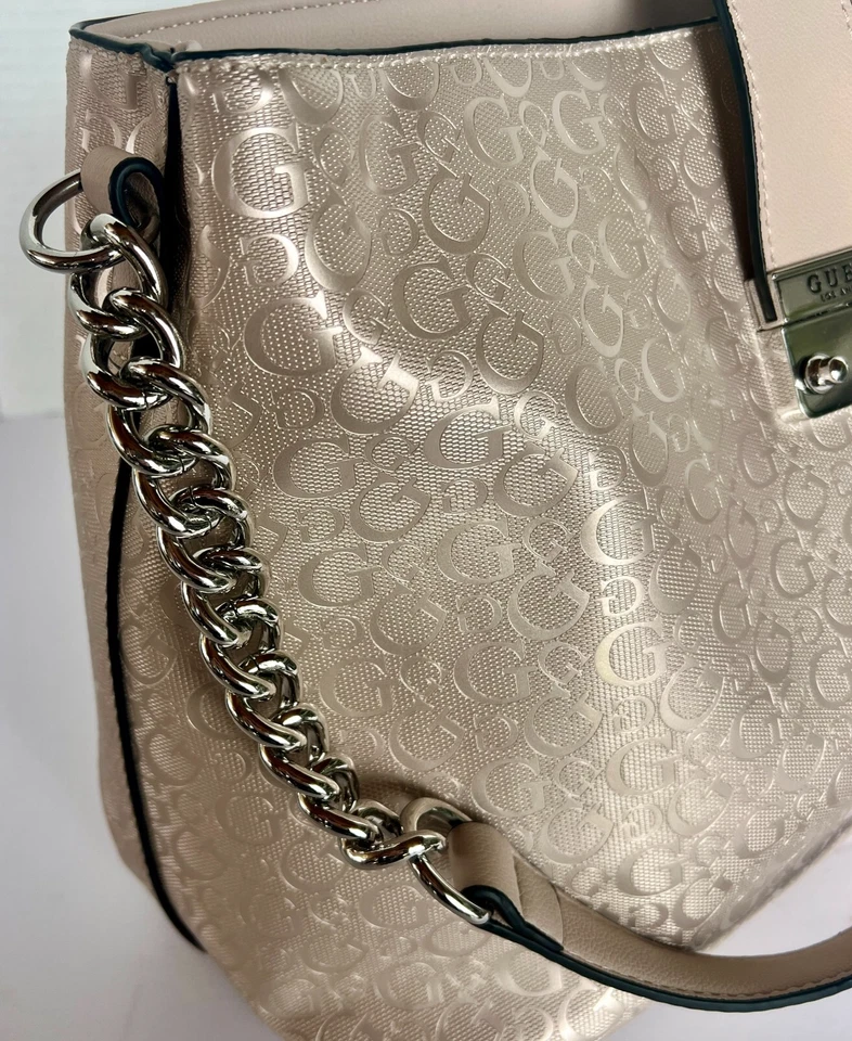 Bolso de Hombro Vintage GUESS G Logo Monograma Crema Marfil Bolso de Mano Cadena Plateada Foto 3 de 4