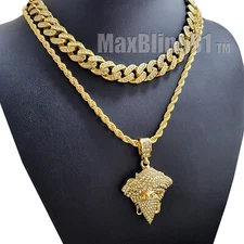 Gold Plated Alloy Mask Medusa Necklace Iced Cubic Zirconia Cuban Chain Necklace