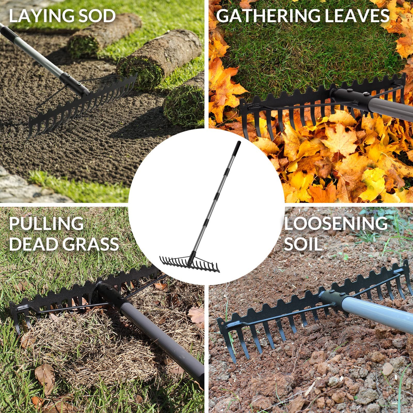 5.4FT Bow Rake Heavy Duty Garden Rake with Stainless Steel Handle,17 Steel Tines