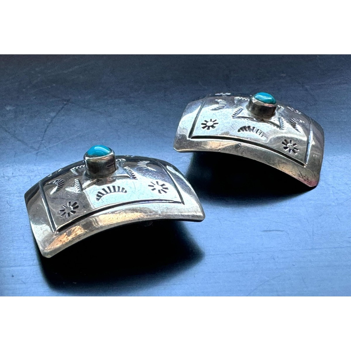 TAXCO NAT. AMER. DESIGN 925 STERLING SILVER AND TURQUOISE EARRINGS EAR CLIPS SKY View 5