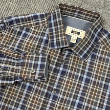 Joseph Abboud Mens Medium Plaid Button Down Shirt Blue Brown Long Sleeve Cotton