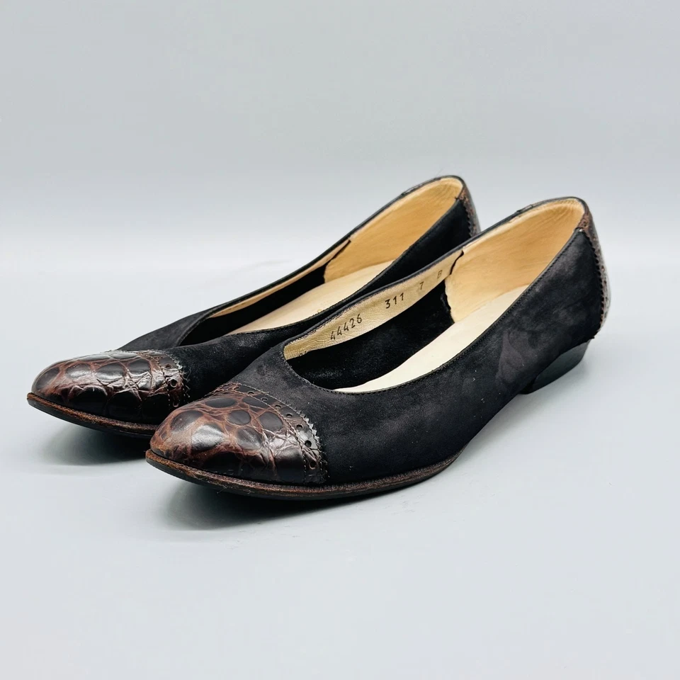 Ferragamo Zapatos Mujer 7 Negro Gamuza Marrón Cocodrilo Cuero Repujado Ballet Italia Foto 3 de 4