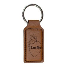 Keychain - Rectangle - I love you with Fairie on Heart - Leather