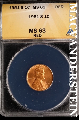 1951-S Lincoln Wheat Cent - ANACS MS 63 Red - Scarce  No Reserve  #SLK665
