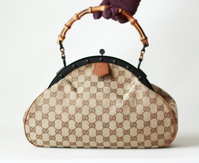 Gucci Vintage Brown GG Monogram Canvas Hand Bag Bamboo Handle & Black Metal