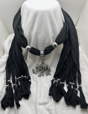 Soft Black  Scarve  Scarf Necklace Green Eye Elephant Rhinestone Pendant Silver