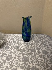 Hand Blown Art Glass Vase Blue Green Abstract Signed 10  Glossy Finish