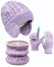 Kids Winter Hat Gloves Scarf Set,Toddler Girls Boys Beanie Hat with Purple Mix