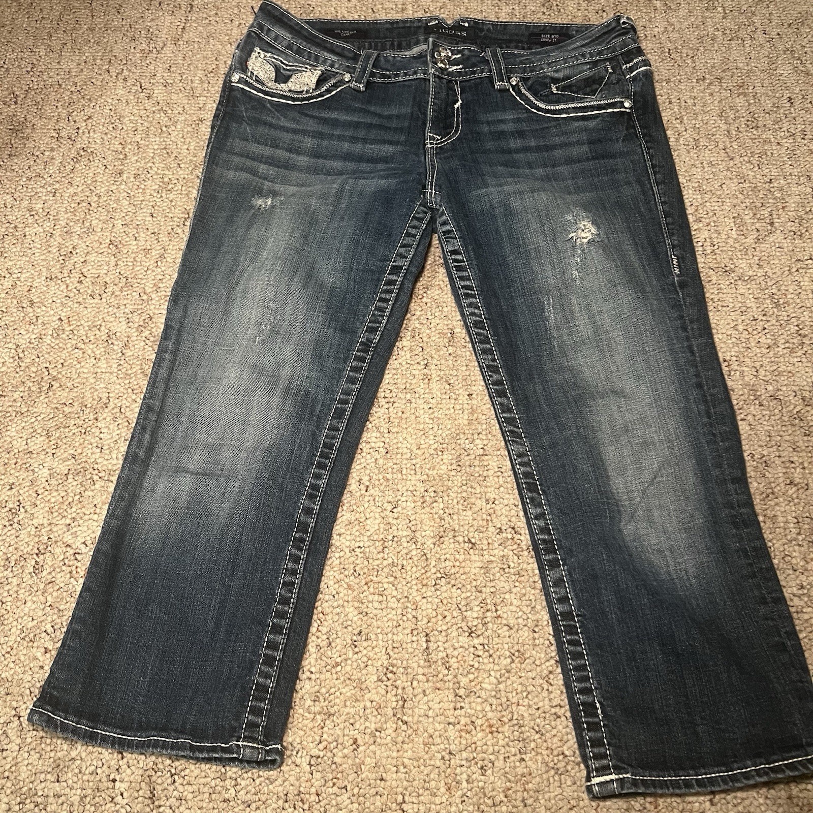 VIGOSS Jeans Womens 9 10 Chelsea Capri Blue Medium Wash Distressed Rhinestone