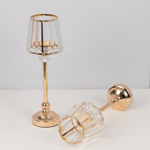 2 Gold Clear 15" Metal Votive Candle Holders Crystal Glass Lamp Shade Events - Picture 6 of 9