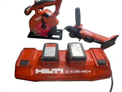 HILTI SCM 22-A 22V SAW,AG500-A22 GRINDER,(2)5.2AH BATTERYS,4 PORT CHARGER, VGC