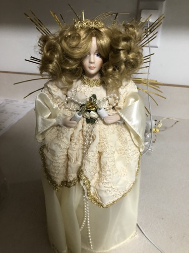 Vintage Frank's 12,5" beleuchteter Engel Baumspitze weißes Kleid Porzellankopf - Bild 3 von 7