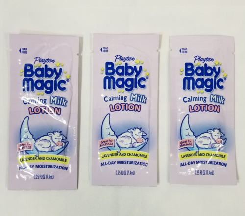 Vintage Playtex Baby Magic Calming Milk Lotion Lavender Chamomile 2003 Packets - Afbeelding 1 van 7