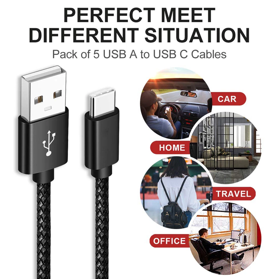 5 Pack Galaxy S9 Plus S8 Note 10 USB-C Type C FAST Charging Sync & Charger Cable - Image 2 of 4