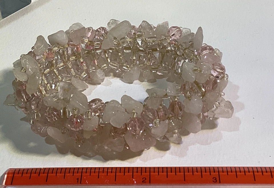 "Pulsera tejida vintage de cuarzo rosa y cuentas de vidrio facetado rosa de 1""" Foto 3 de 4