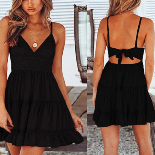 Women Boho V-Neck Lace Mini Dress Ladies Casual Holiday Summer Beach Sundress - Bild 8 von 21