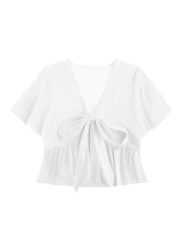 Women's V Neck Tie Knot Front Ruffle Hem Short Sleeve Blouse Peplum Top White...
