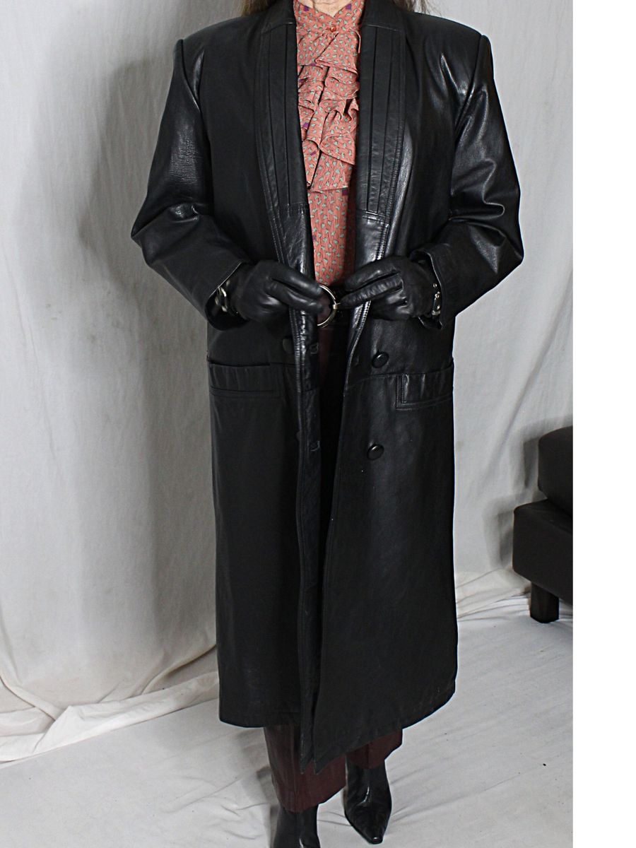 Womens Leather Trench Coat Black S-M Long Lambskin Vintage Womens Leather Trench Coat Black S-M Long Lambskin Vintage
