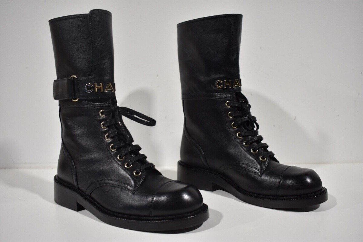 Chanel 22A Black Leather Logo CC Combat Lace Up Tie Military Chanel 22A Black Leather Logo CC Combat Lace Up Tie Military