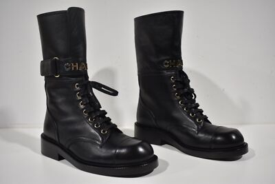 Chanel 22A Black Leather Logo CC Combat Lace Up Tie Military Tall