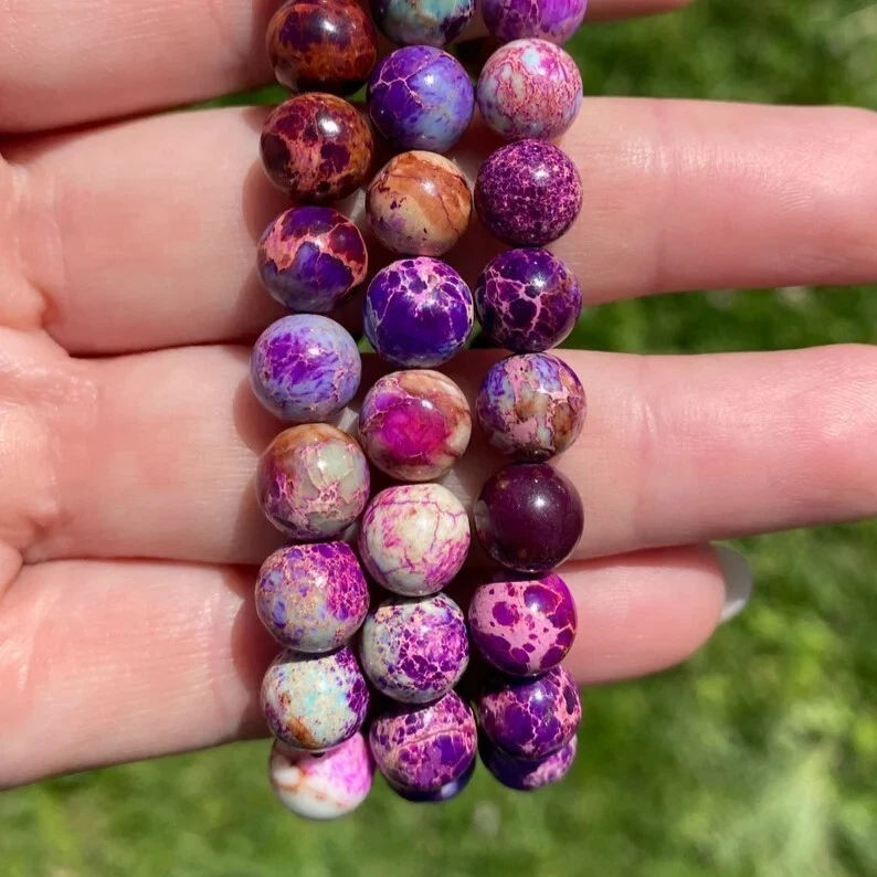 10 Perles En Pierre De Jaspe Sédimentaire - Boules 6mm Couleur Violet Prune, Pour Bijoux