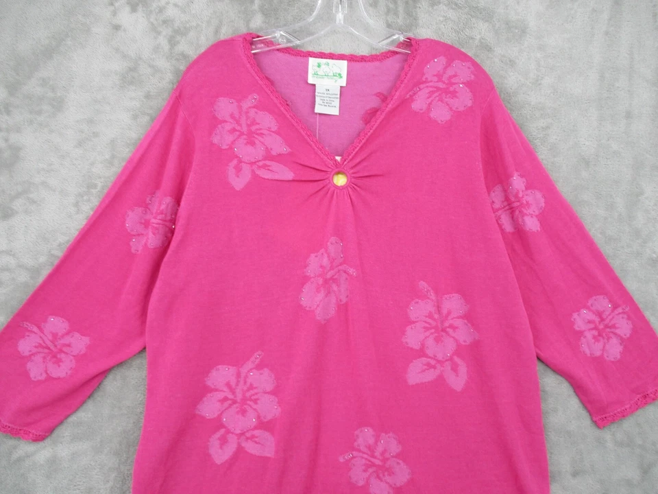 Quacker Factory Sweater 1X Tropical Silk Blend Floral Beaded Art to Wear Knit - Image 3 of 4