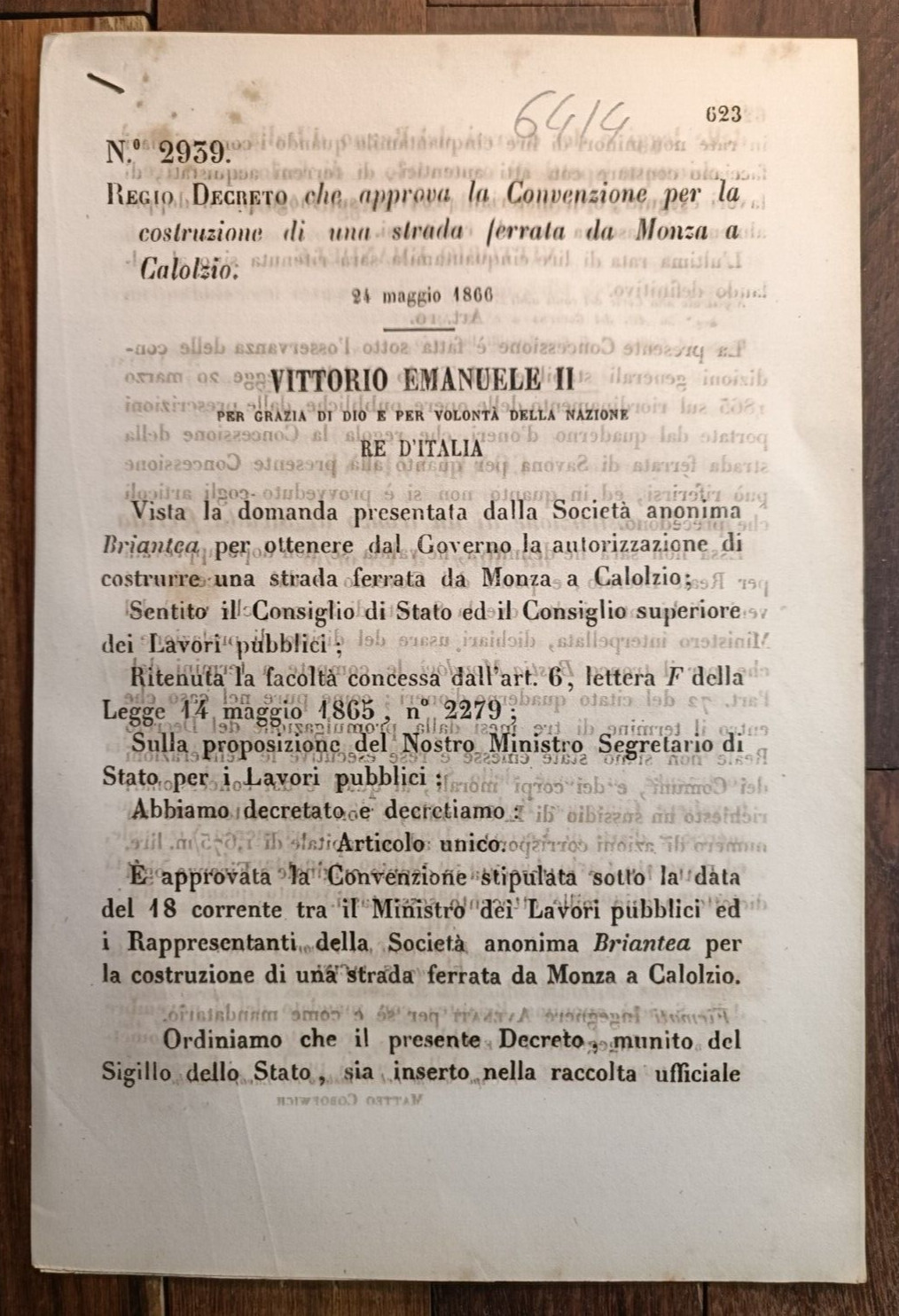 MONZA CALOLZIO 1866  REGIO DECRETO X COSTRUZIONE STRADA FERRATA-6414