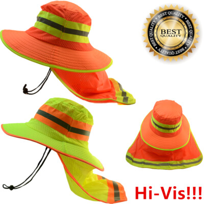 Hi Vis Reflective Safety Working Breathable Bucket Cap Neck Flap Boonie Hats Lot