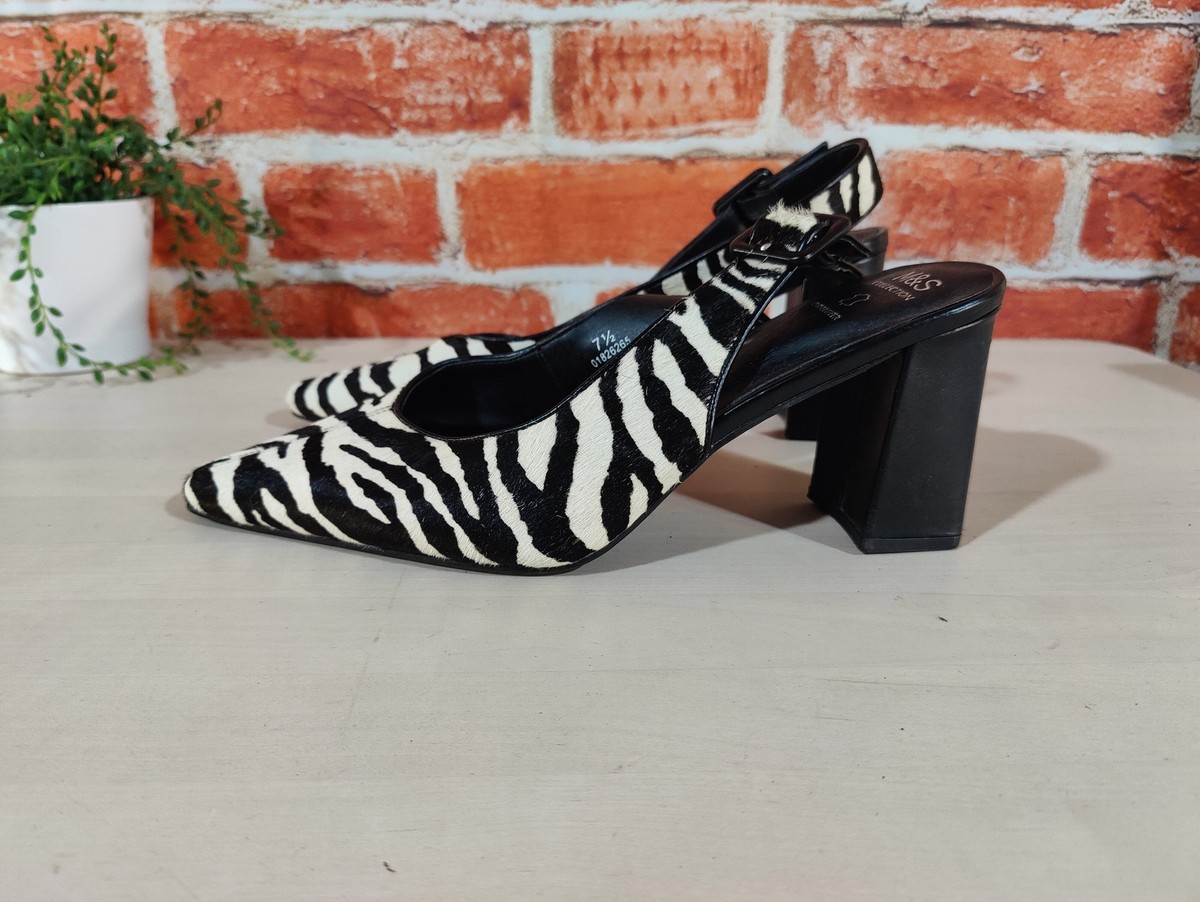 WOMENS M&S UK EU BLACK FAUX FUR ANIMAL PRINT SLINGBACK HIGH HEEL  SHOES