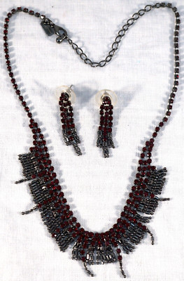 Antique Style Ruby Red Rhinestone Necklace and Earrings Dark Shiny Metal Designe