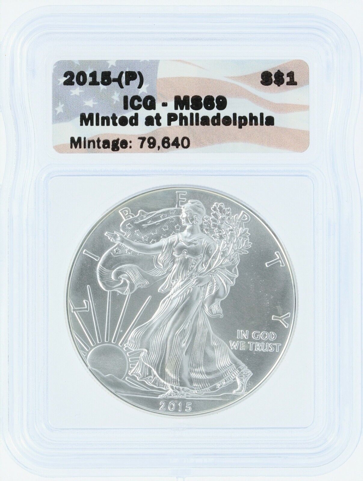 2015 (P) Silver Eagle ICG MS69 S$1 Flag Tag Minted at Philadelphia Koopje, grote waarde