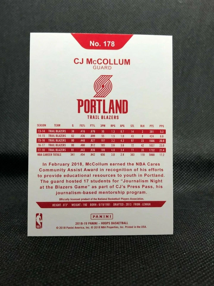 2018-19 Panini NBA Hoops Red Backs CJ McCollum #178 - Image 2 of 2