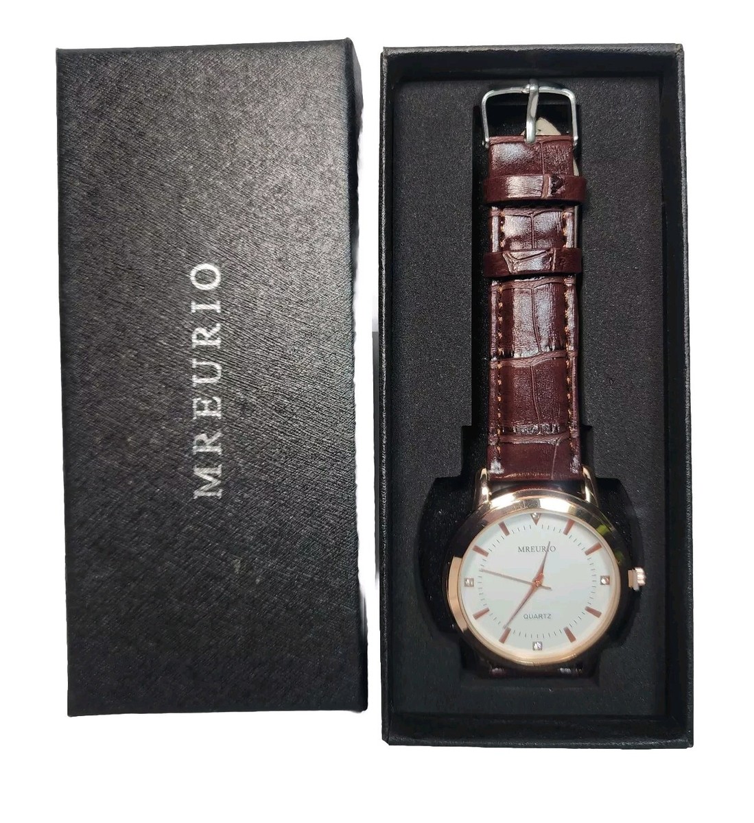 NEW Mreurio Mens Rose Gold Tone Leather Analog Quartz Watch Hours