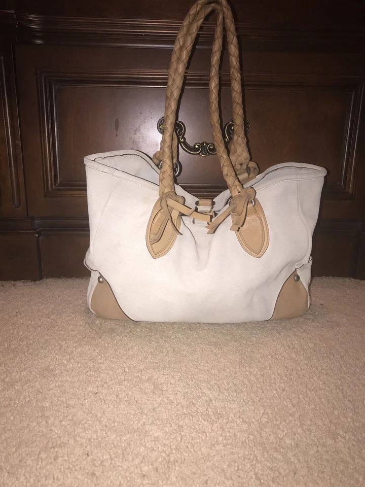 Bolso de Mano Italiano Grande de Gamuza FALOR Taupe Claro con Correas Trenzadas Tostadas Cartera Foto 3 de 4