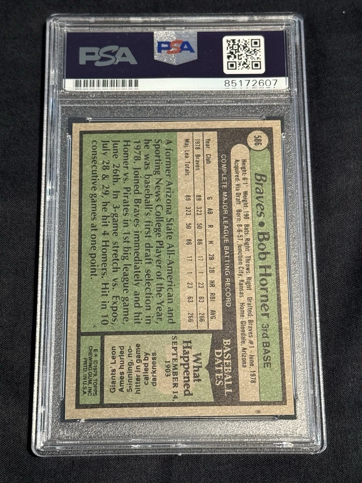 1979 Topps #586 Bob Horner RC autógrafo autografado PSA/DNA certificado gema em perfeito estado 10 - Imagem 3 de 3