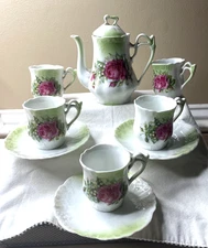 Vintage Small Porcelain Tea Set Roses Lily of the Valley Teapot 5 Cups 3 Saucers